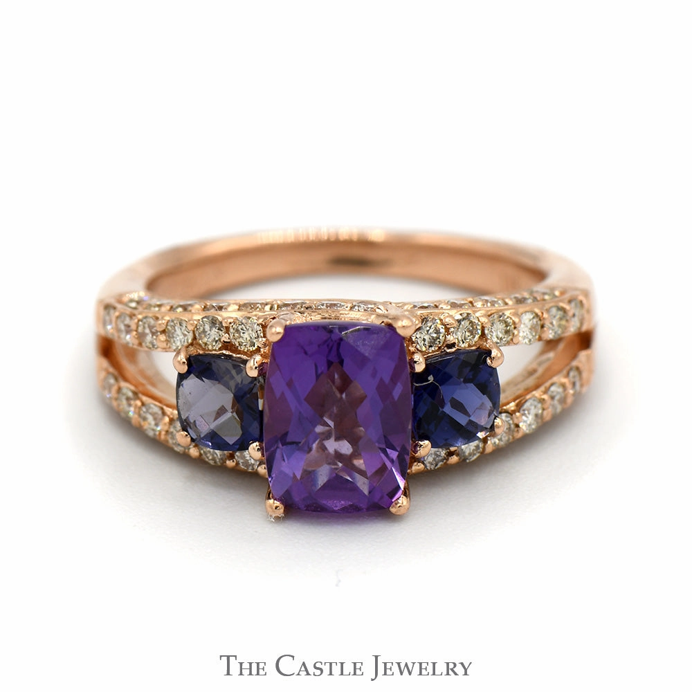 Elegant Glow Cushion Cut Amethyst Ring with Tanzanite & Diamond Accents in 14k Rose Gold