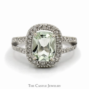 Cushion Cut Green Quartz Ring with Diamond Halo and Accents in 10k White Gold Superior Decoration