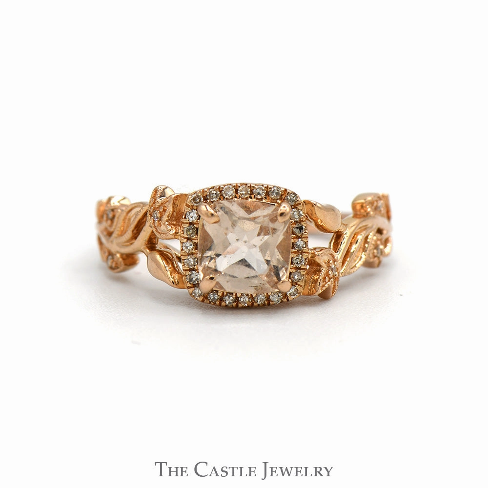 Cushion Cut Morganite Ring with Diamond Halo, Leaf & Flower Designed Sides in 14k Rose Gold Artisan Style Artistic Shape