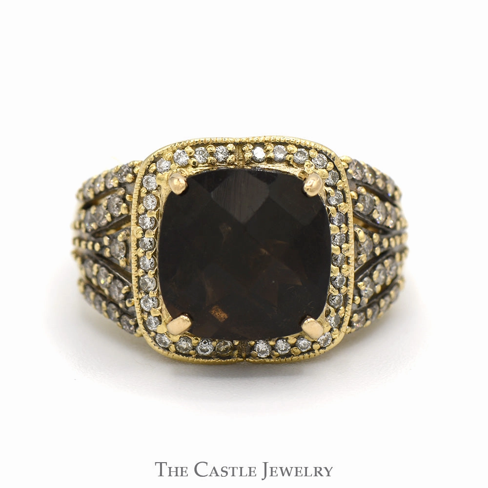 Cushion Cut Quartz Le Vian Designer Ring with Chocolate & White Diamond Accents in 14k Yellow Gold Fantastic Embellishment