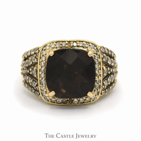 Cushion Cut Quartz Le Vian Designer Ring with Chocolate & White Diamond Accents in 14k Yellow Gold Fantastic Embellishment