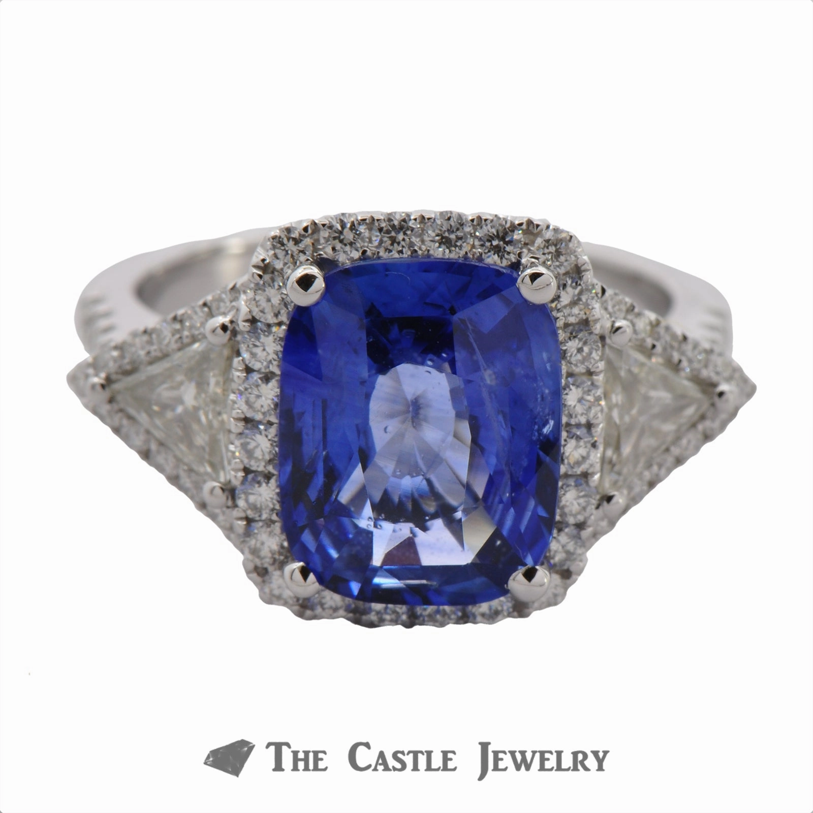 Cushion Cut Sapphire Ring with Trillion & Round Diamond Accents Seasonal Look
