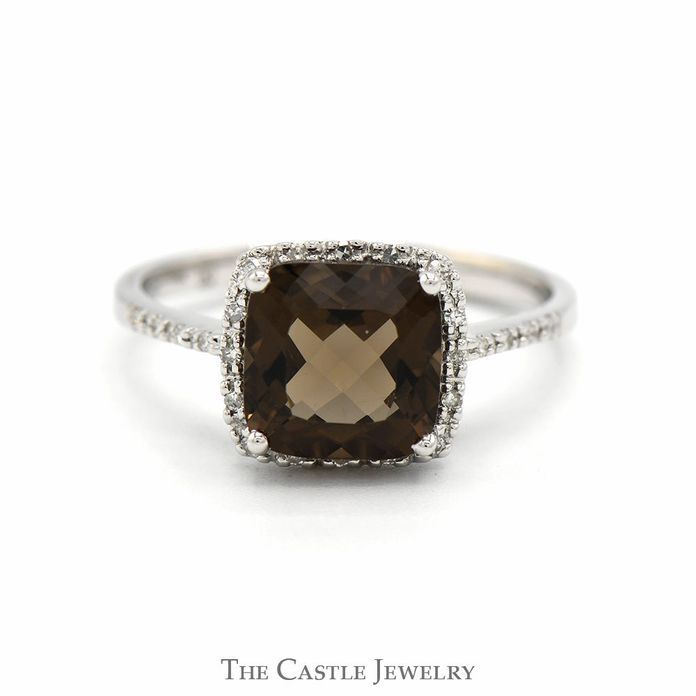 Exclusive Product Modern Geometry Cushion Cut Smokey Quartz Ring with Diamond Halo and Accented Sides in 14k White Gold