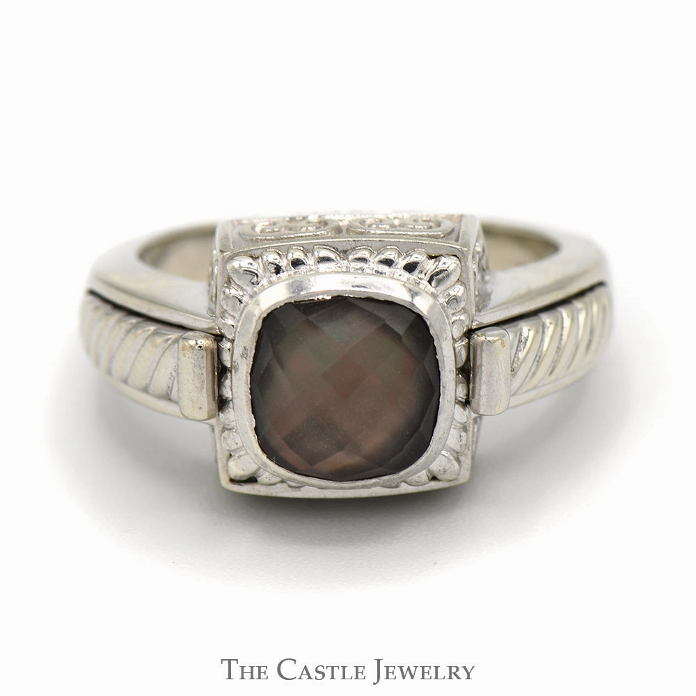 Fashionable Jewelry Exquisite Accessory Cushion Fantasy Cut Mystic Topaz Ring with Ornate Detail in 14k White Gold