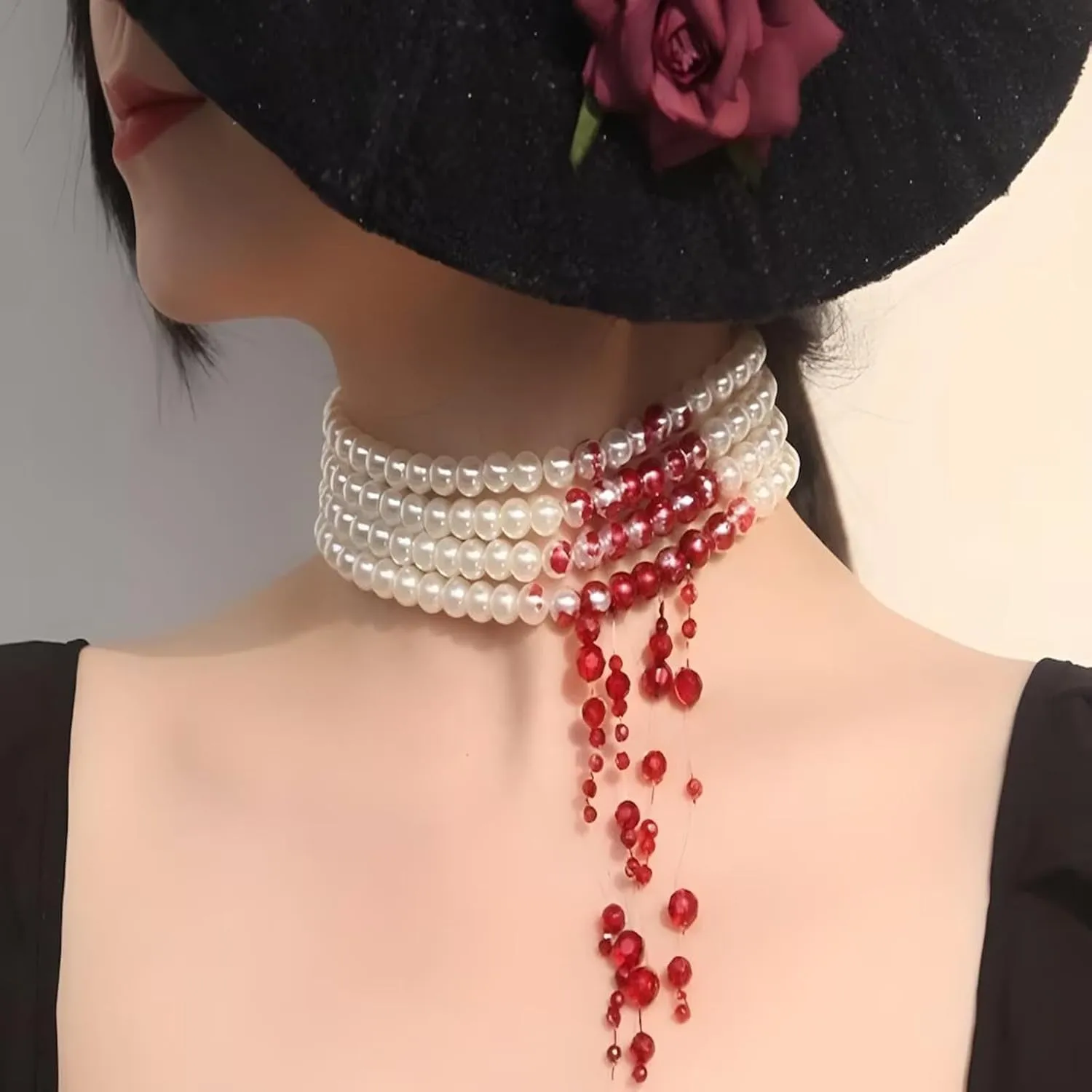 Custom Chain Imitation Pearls Halloween Party Choker Necklace Party Costume Gothic Style Blood Stained Pearls