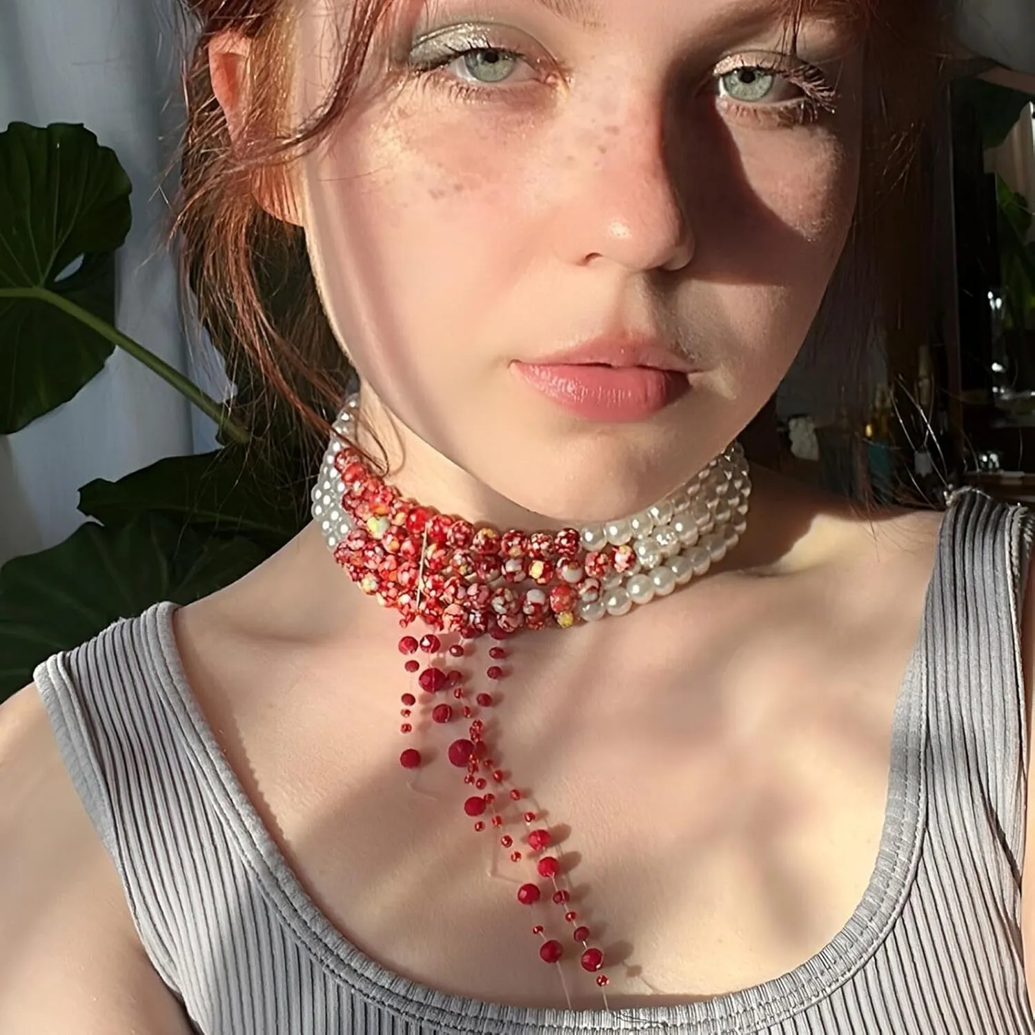 Custom Chain Imitation Pearls Halloween Party Choker Necklace Party Costume Gothic Style Blood Stained Pearls