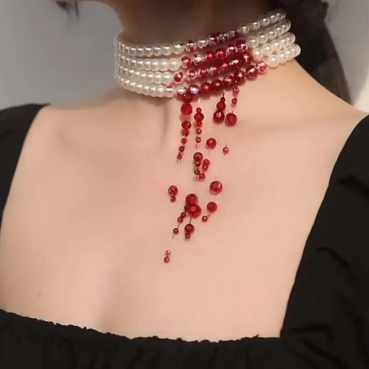 Custom Chain Imitation Pearls Halloween Party Choker Necklace Party Costume Gothic Style Blood Stained Pearls