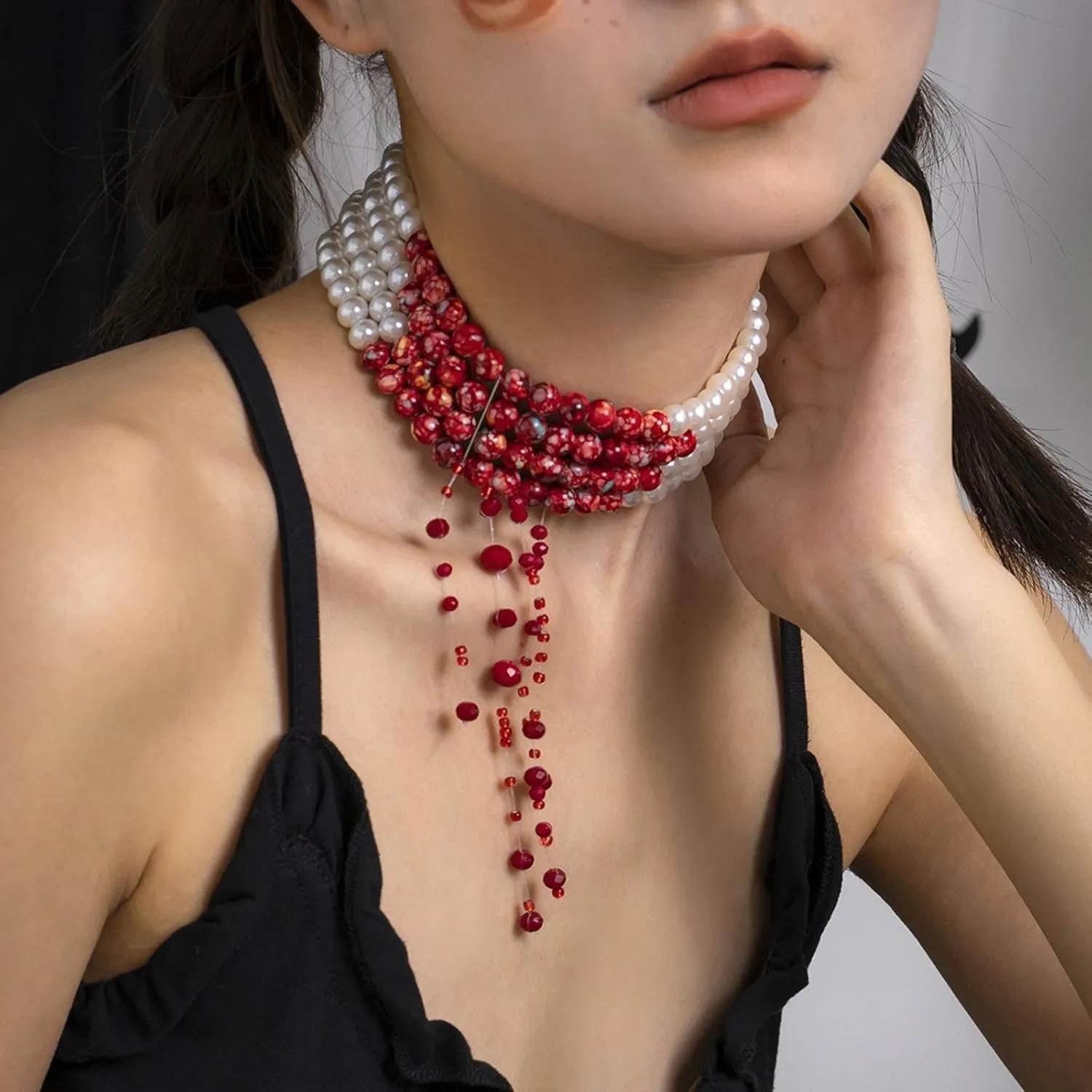 Custom Chain Imitation Pearls Halloween Party Choker Necklace Party Costume Gothic Style Blood Stained Pearls