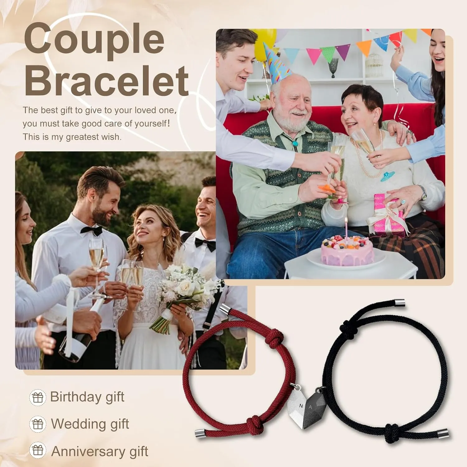 Custom Couple Bracelets - Adjustable Relationship Bracelets, Matching Braided Bracelets for Newlywed Couples