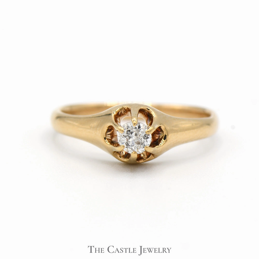 Old Mine Cut Diamond Solitaire Engagement Ring with Bearclaw Setting in 14k Yellow Gold Quality Gift Refined Beauty