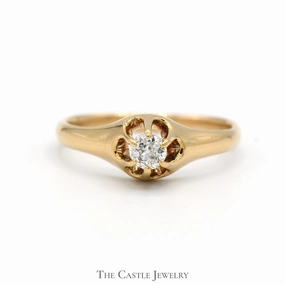 Old Mine Cut Diamond Solitaire Engagement Ring with Bearclaw Setting in 14k Yellow Gold Quality Gift Refined Beauty