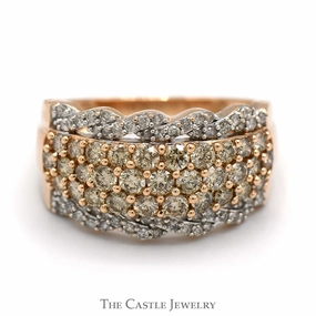 Stylish Style Triple Row Champagne Diamond Cluster Band with Twisted Diamond Accents in 10k Rose Gold