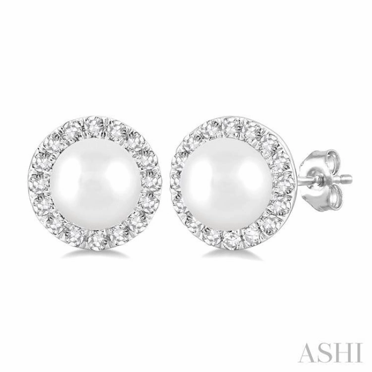 4.5 MM White Cultured Pearl and 1/8 Ctw Round Cut Diamond Halo Stud Earrings in 14K White Gold Luxury Shine Finish