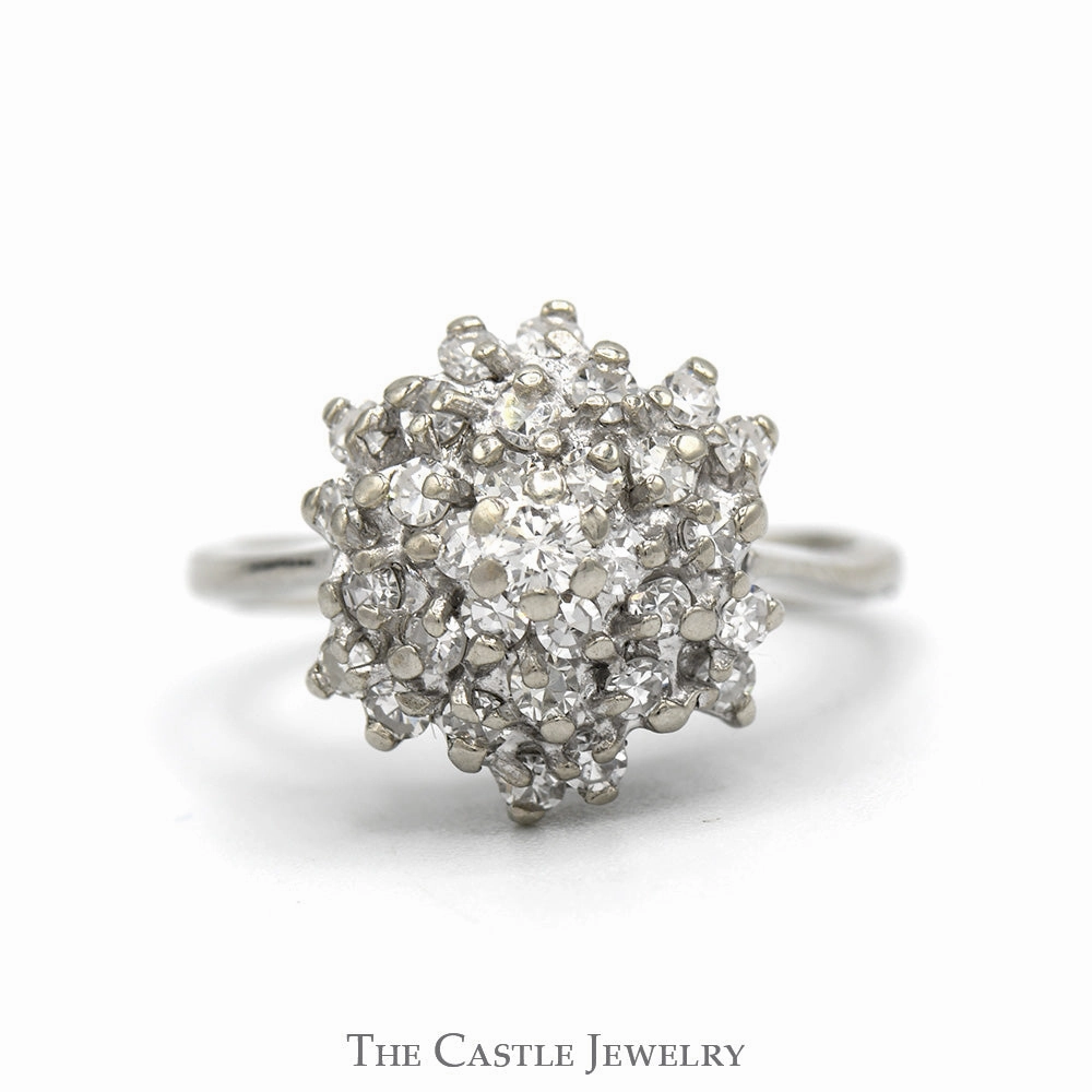 1cttw Round Diamond Starburst Cluster Ring in 14k White Gold Delicate Emblem Elegant Movement