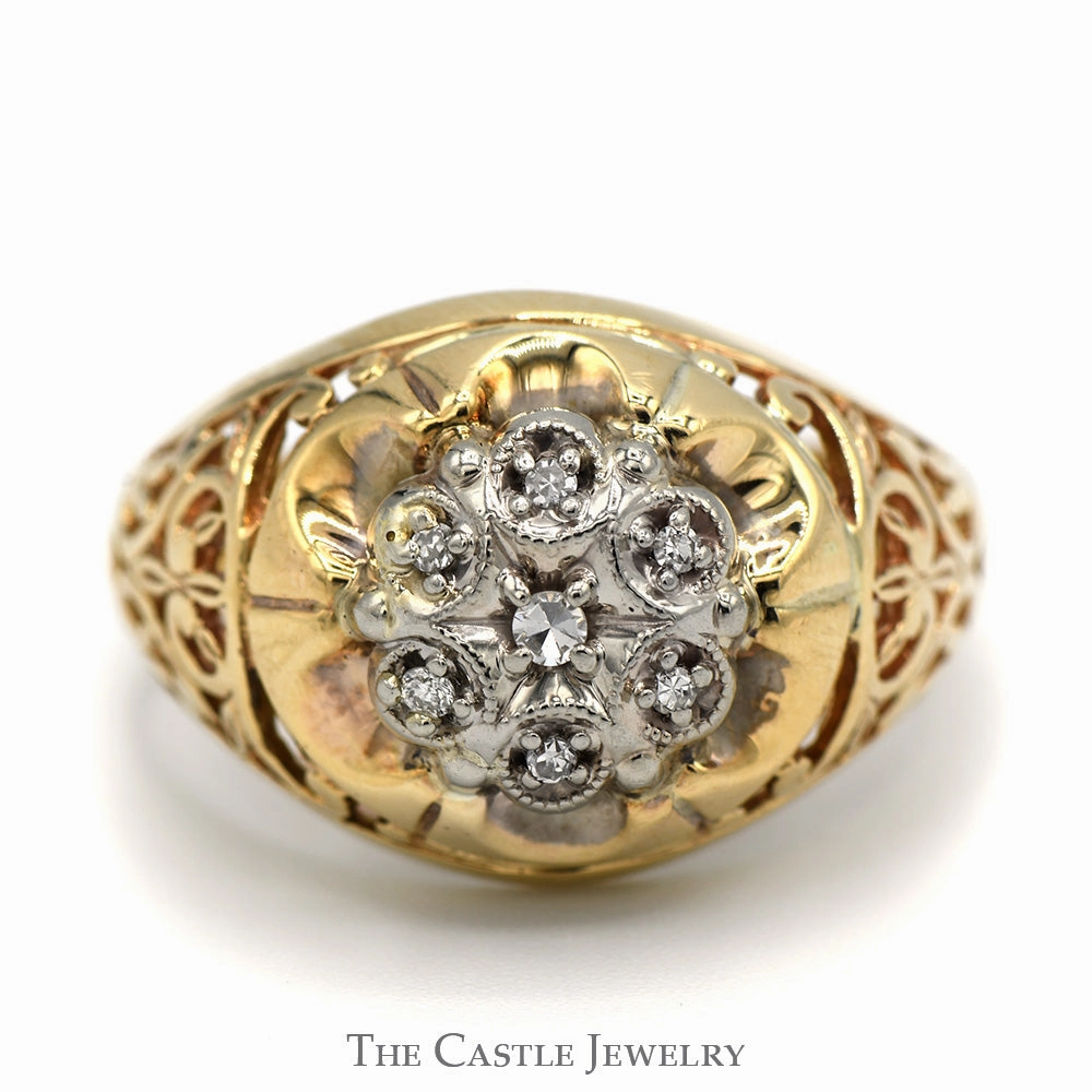7 Diamond Kentucky Cluster Ring in 10k Yellow Gold Open Filigree Mounting Exquisite Piece Innovative Style