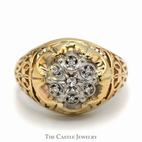 7 Diamond Kentucky Cluster Ring in 10k Yellow Gold Open Filigree Mounting Exquisite Piece Innovative Style