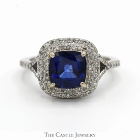 Effy Designer Cushion Cut Sapphire Ring with Double Diamond Halo and Accents in 14k White Gold Everyday Charm Classic Product