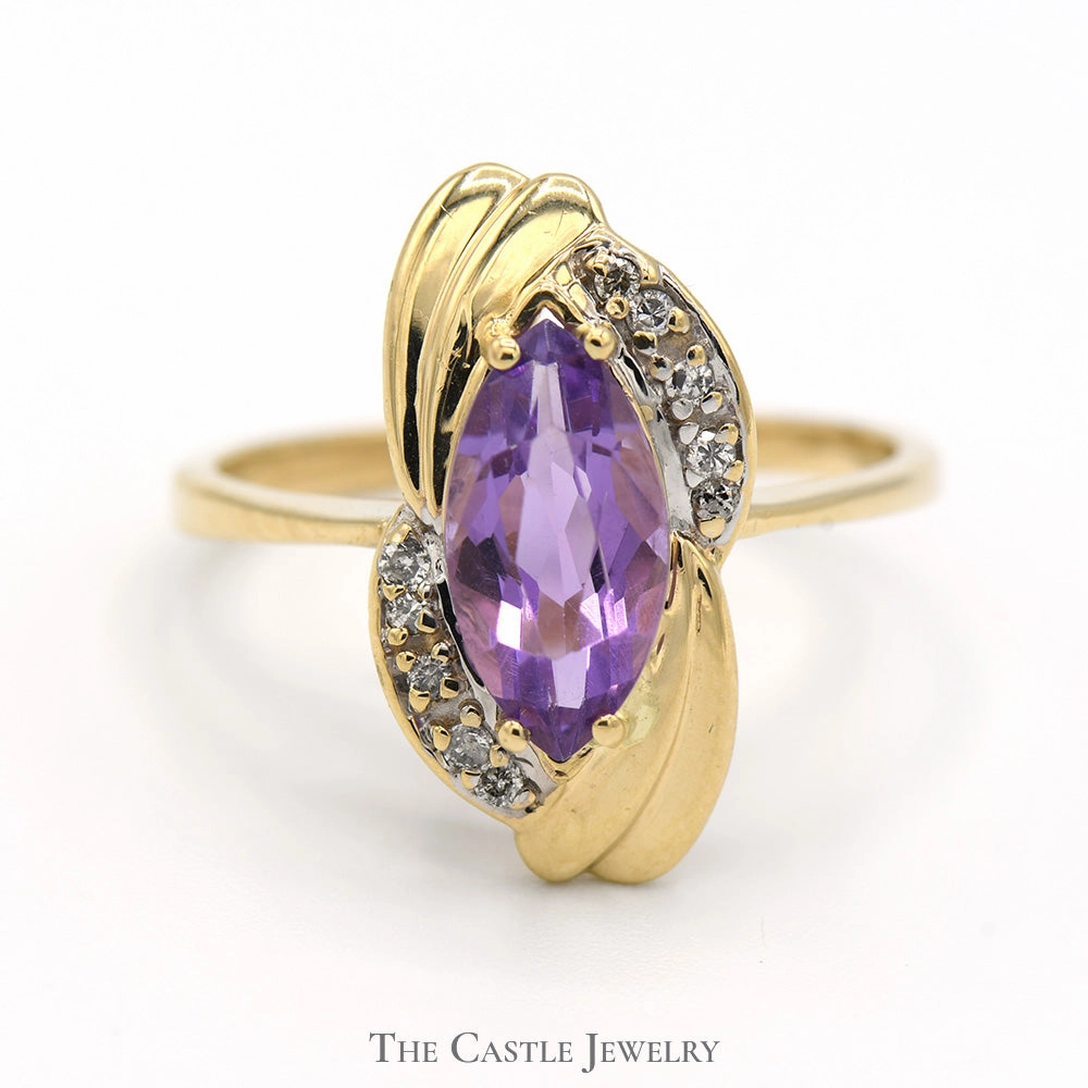 Marquise Shaped Amethyst Ring with Diamond Accents in 10k Yellow Gold Fashion Accessory