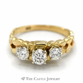 Rough Use Three Stone Diamond Ring with Nugget Designed Sides in 14k Yellow Gold