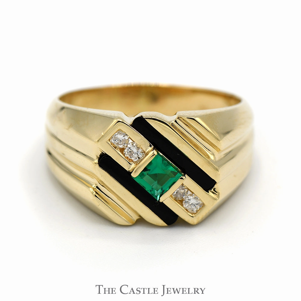 Square Cut Emerald Ring with Onyx and Diamond Accents in 14k Yellow Gold Genetic Design