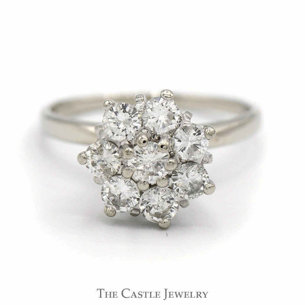 1cttw Flower Shaped Diamond Cluster Ring in 14k White Gold Petite Gift