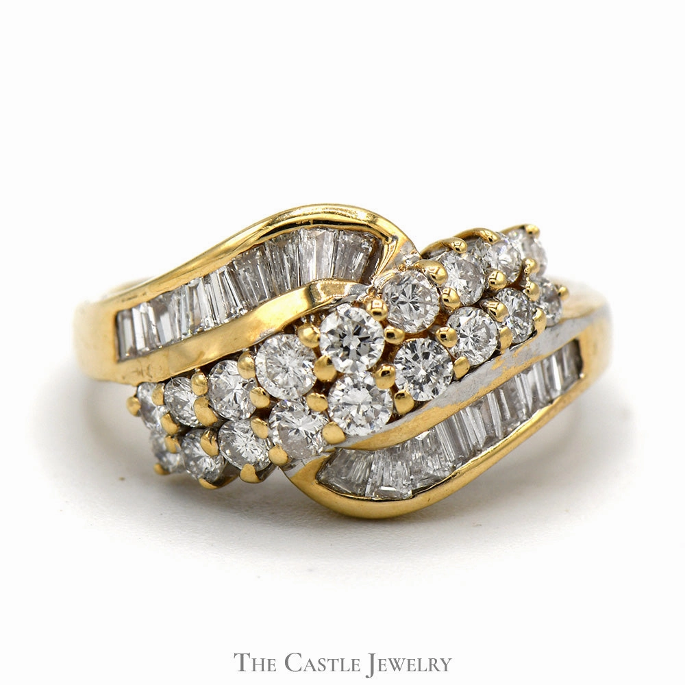 Prom Accessory Bypass Designed 1cttw Round and Baguette Diamond Cluster Ring in 14k Yellow Gold