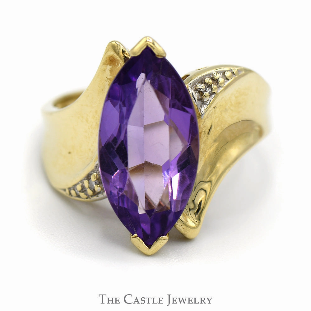 Excellent Article Cool Detail Marquise Shaped Amethyst Ring with Illusion Set Diamond Accents in 10k Yellow Gold