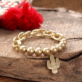 Festive Decorations All-Purpose Chunky Chain and Beads Cactus Bracelet in Worn Gold Tone