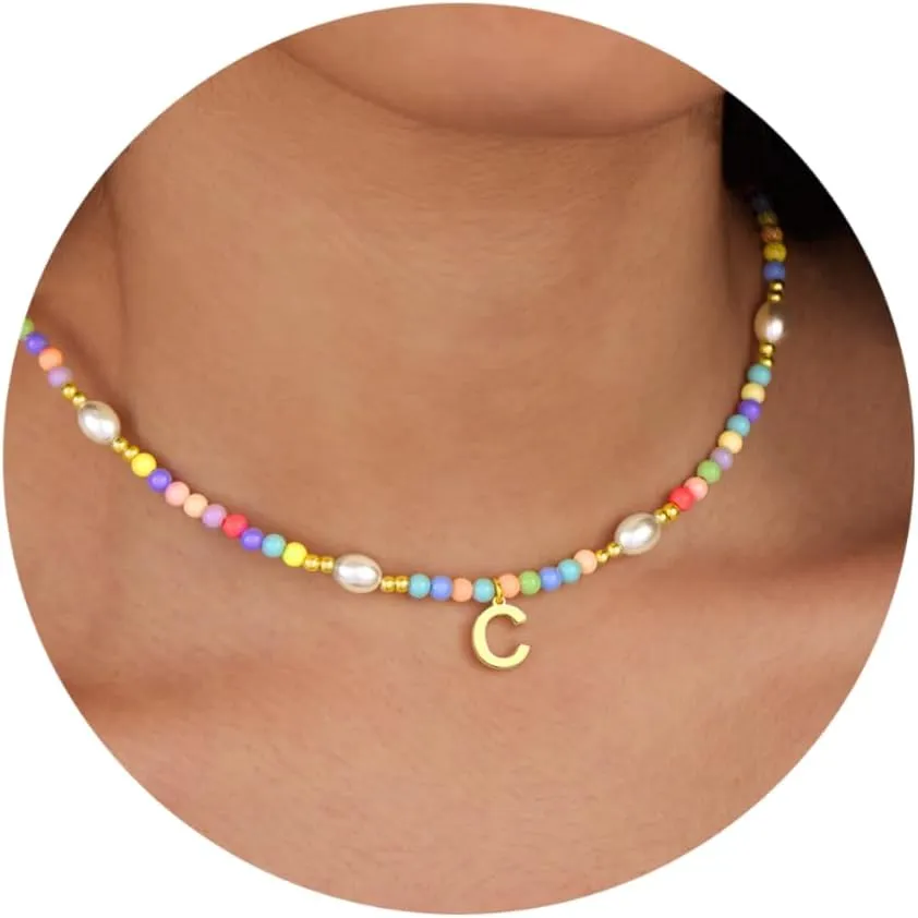 Cute Beaded Initial Necklaces for Girls Trendy Dainty Colorful Pearl Letter Choker Charm Necklace for Women Teen Girls Handmade 14K Gold Plated Bohemian Birthday Personalized Jewelry Gifts