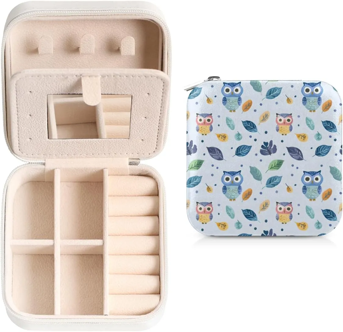 Cute Owl Travel Jewelry Box Small Jewelry Holder Organizer with Mirror Earring Organizer Jewelry Case Mini Necklace Cases