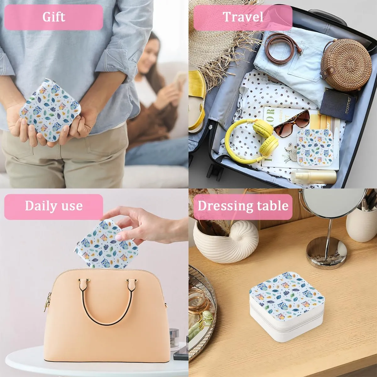 Cute Owl Travel Jewelry Box Small Jewelry Holder Organizer with Mirror Earring Organizer Jewelry Case Mini Necklace Cases