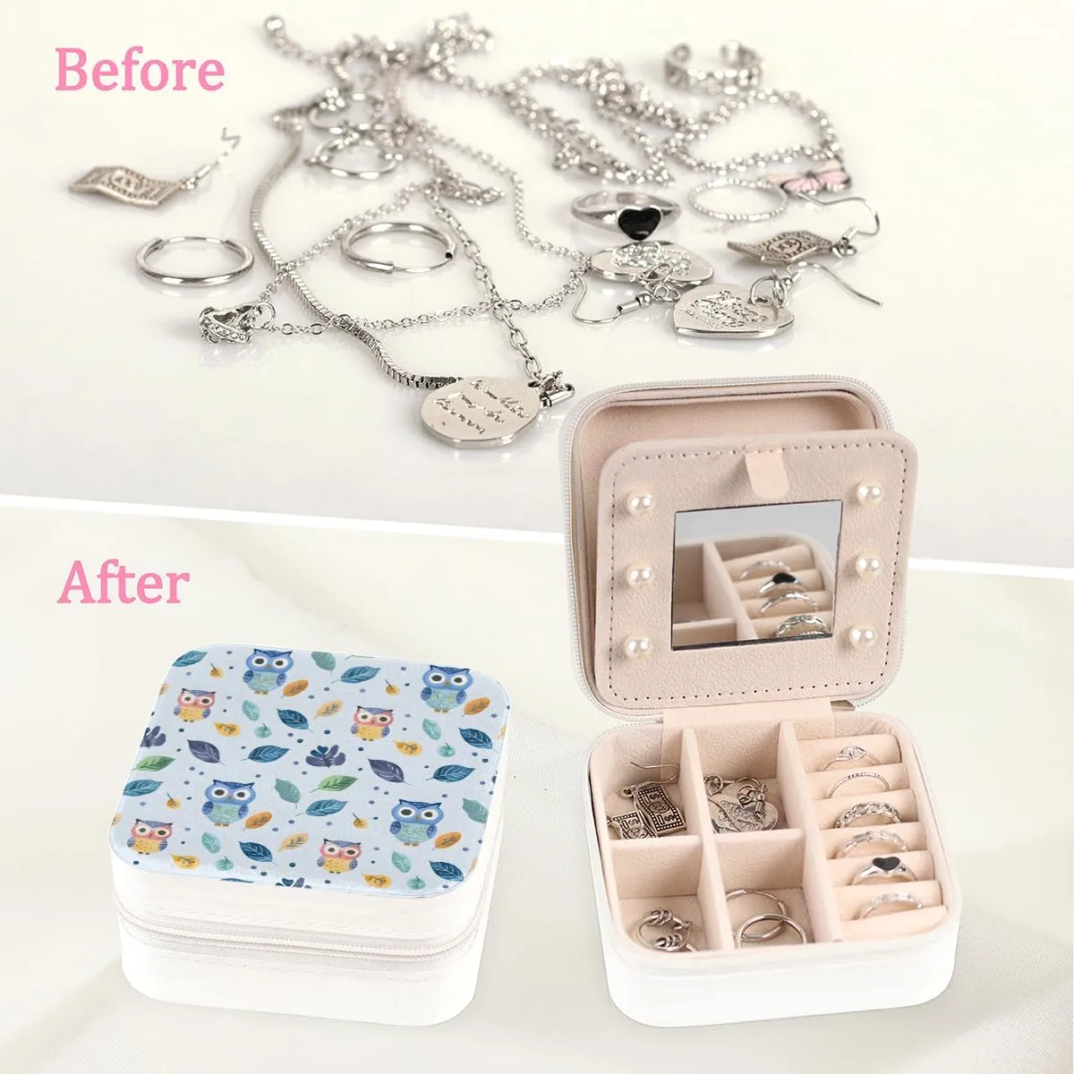 Cute Owl Travel Jewelry Box Small Jewelry Holder Organizer with Mirror Earring Organizer Jewelry Case Mini Necklace Cases