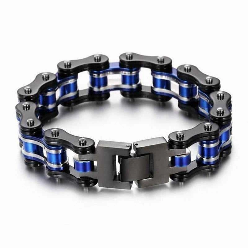 relaxed elegance Esteemed Composites Cycolinks Black, Silver & Blue Bike Chain Bracelet