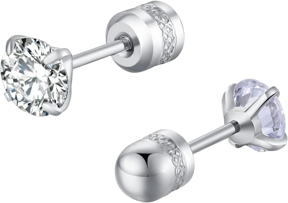 Cylindrical Stud Earrings Cubic Zirconia Wedding Earrings Stylish Minimalist Design Engagement Earrings for Women (Silver, 4)