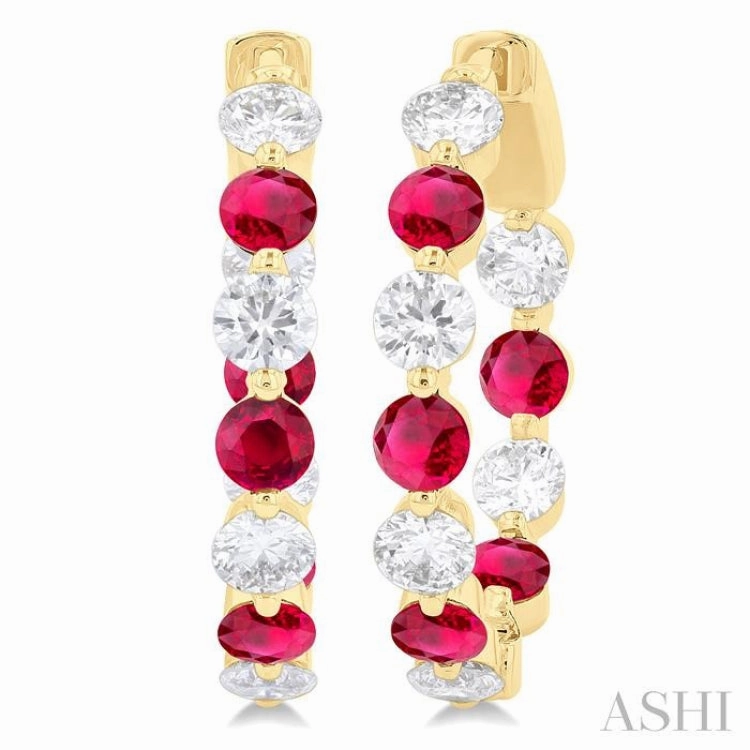 3.3 MM Round Cut Ruby and 1 5/8 ctw Round Cut Diamond Precious Inside-Out Alternating Hoop Earrings in 14K Yellow Gold Elegant Gift