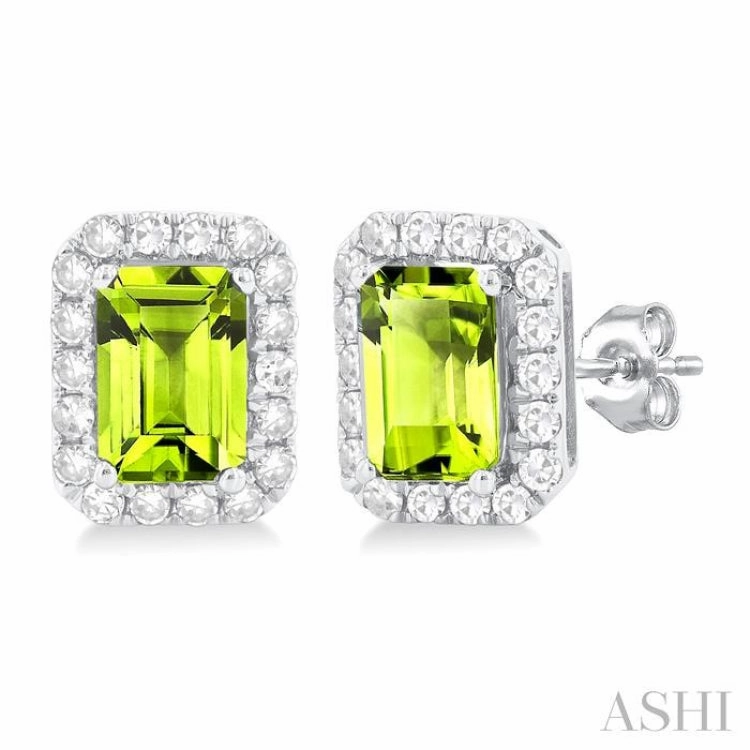 Exclusive Charm 6x4 MM Octagonal Shape Peridot and 1/4 Ctw Round Cut Diamond Halo Semi-Precious Stud Earrings in 14K White Gold