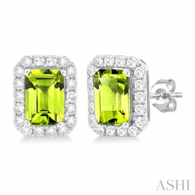 Exclusive Charm 6x4 MM Octagonal Shape Peridot and 1/4 Ctw Round Cut Diamond Halo Semi-Precious Stud Earrings in 14K White Gold