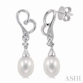 Signature Charm 8x6 MM Cultured Pearls and 1/20 ctw Round Cut Diamond Earrings in 10K White Gold