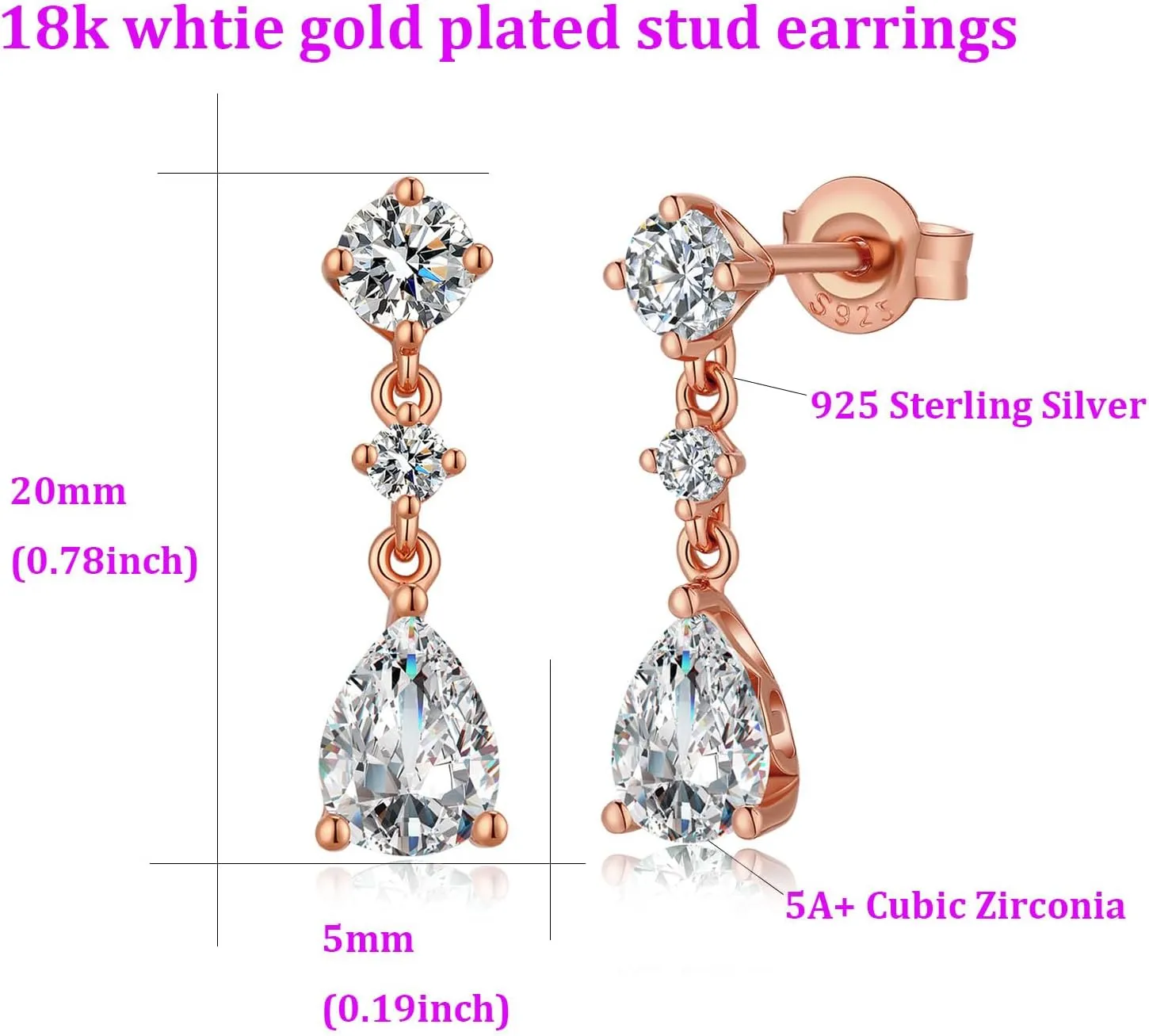 Dainty Dangle Drop Earrings for Women, 18K White Gold Simulated Diamond Stud Earrings 925 Sterling Silver Cubic Zirconia Small Drop Earrings for Women