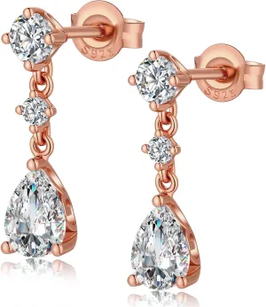 Dainty Dangle Drop Earrings for Women, 18K White Gold Simulated Diamond Stud Earrings 925 Sterling Silver Cubic Zirconia Small Drop Earrings for Women
