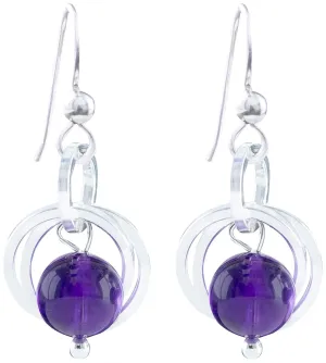 Dainty Dark Purple 8MM Genuine Amethyst Dangle Earrings with 925 Sterling Silver Circles Minimalist February Jewelry Gift Idea for Women