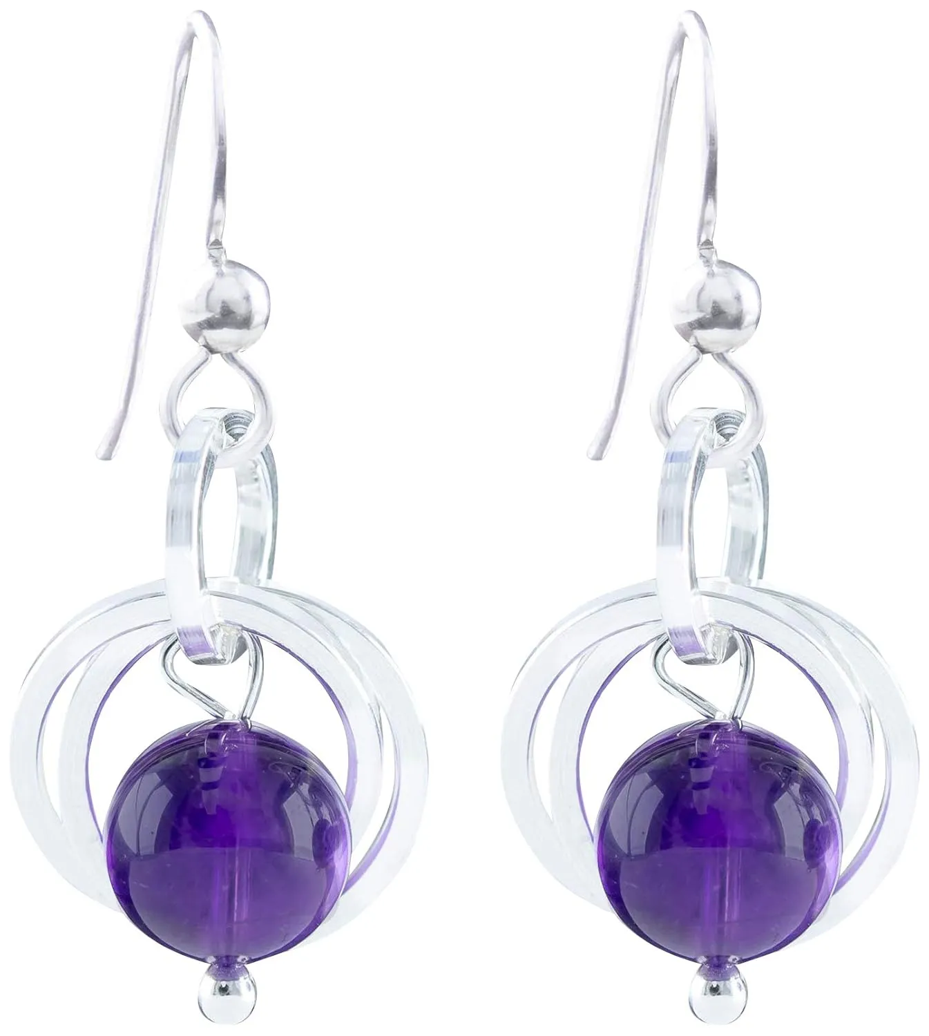 Dainty Dark Purple 8MM Genuine Amethyst Dangle Earrings with 925 Sterling Silver Circles Minimalist February Jewelry Gift Idea for Women