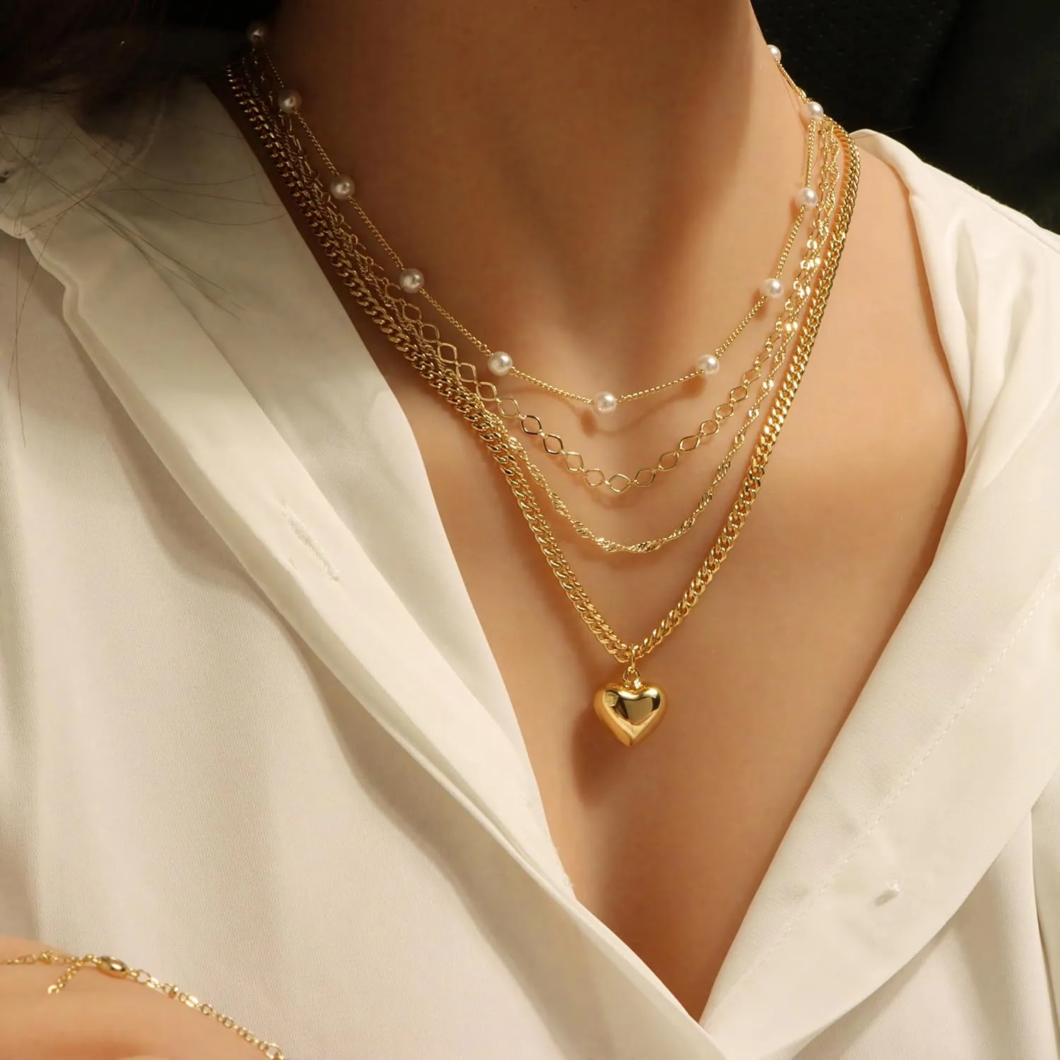 Dainty Gold Necklaces for Women 14k Gold Plated Heart Pendant Necklace Paperclip Chain Pearl Necklaces Layered Necklaces Jewerly