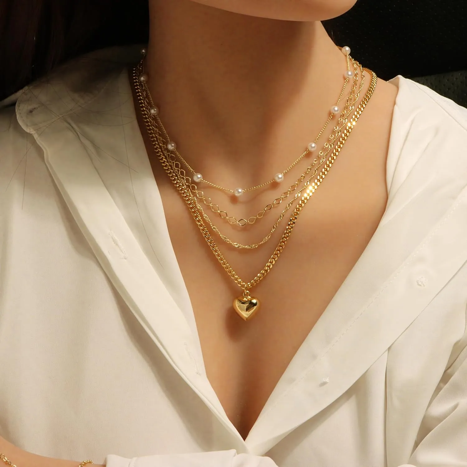 Dainty Gold Necklaces for Women 14k Gold Plated Heart Pendant Necklace Paperclip Chain Pearl Necklaces Layered Necklaces Jewerly