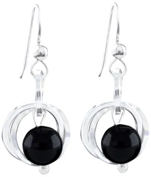 Dainty Real Black Onyx Small Dangle Earrings with .925 Sterling Silver Circles Minimalist Jewelry Gift Idea for Women
