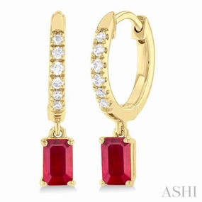 Impeccable Highlight Dazzling Shine 5x3 MM Emerald Cut Drop Ruby and 1/8 Ctw Petite Round Cut Diamond Precious Fashion Huggies in 10K Yellow Gold