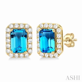 6x4 MM Octagonal Shape Blue Topaz and 1/4 Ctw Round Cut Diamond Halo Semi-Precious Stud Earrings in 10K Yellow Gold Seasonal Pick Bold Accent