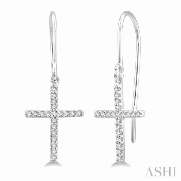 Stylish Statement Distinctive Shape 1/6 ctw Cross Charm Round Cut Diamond Fashion Petite Earrings in 10K White Gold