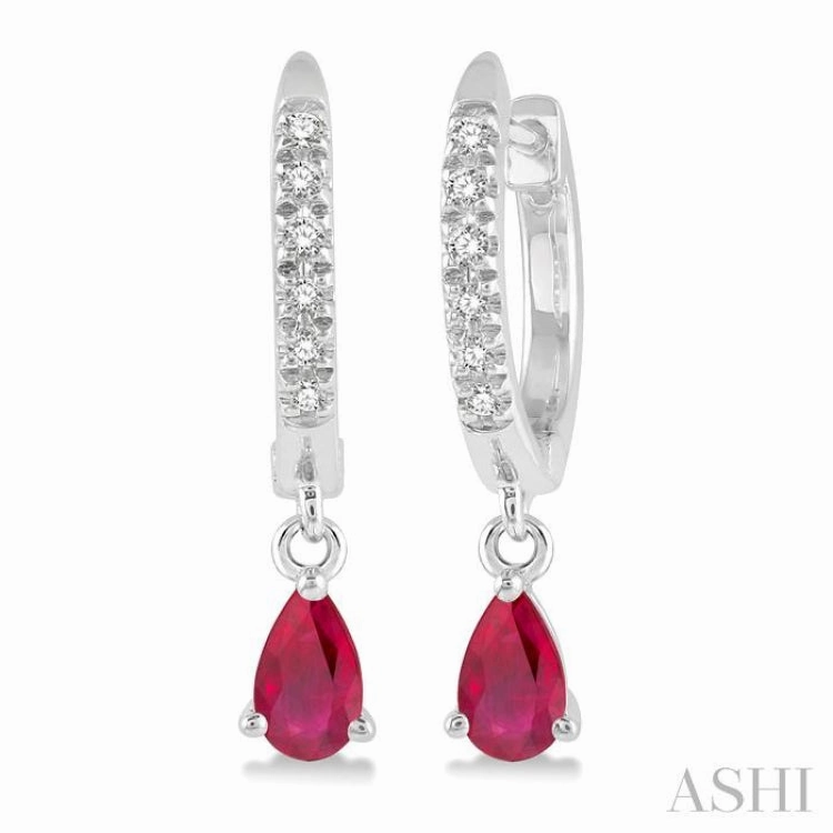 5x3 MM Pear Shape Ruby and 1/8 Ctw Round Cut Diamond Petite Fashion Huggie Earrings in 10K White Gold Radiant Texture