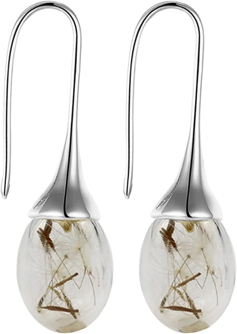 Dandelion Dangle Earrings Teardrop Shape Drop Earrings Temperament Personality Statement Earrings for Women (Silver, One Size)